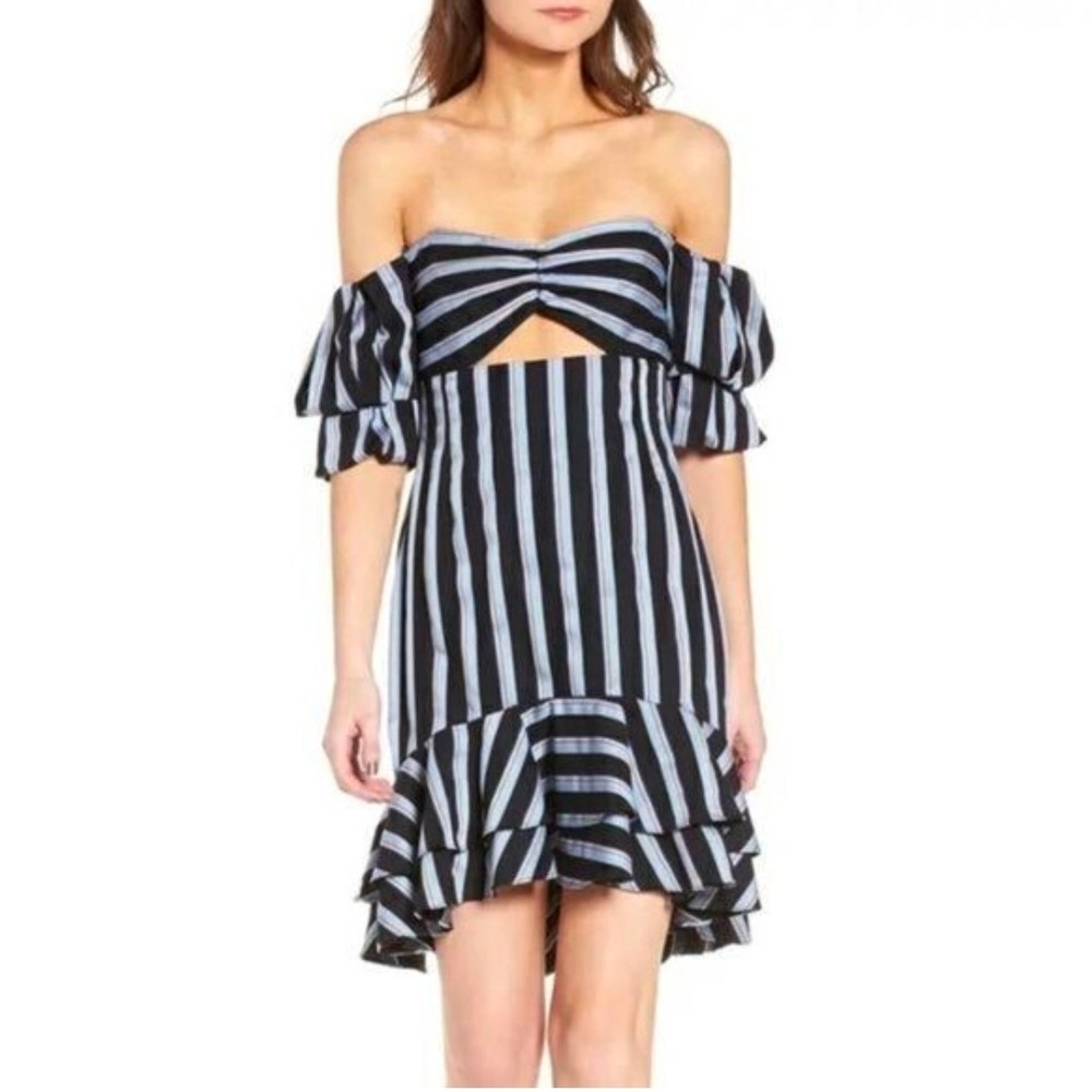 WAYF Tegan Striped Off Shoulder Cutout Ruffle Hem Mini Dress Black Blue Small